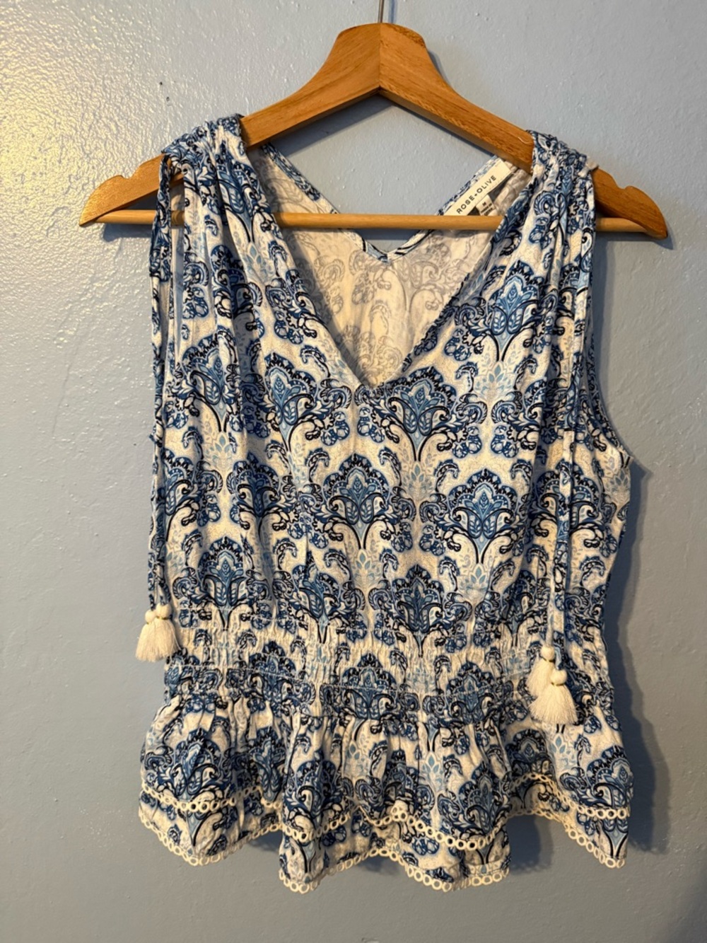 Rose & Olive Blue and White Paisley Sleeveless Top